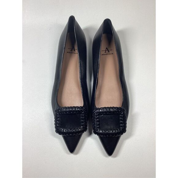 Aquatalia‎ Adorned Black Woven Leather Square Toe Flats Women’s Size 7 - Picture 2 of 16